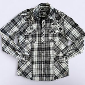 Y2K Buckle Black Label Plaid Snap Shirt Cross Embroidery Size L